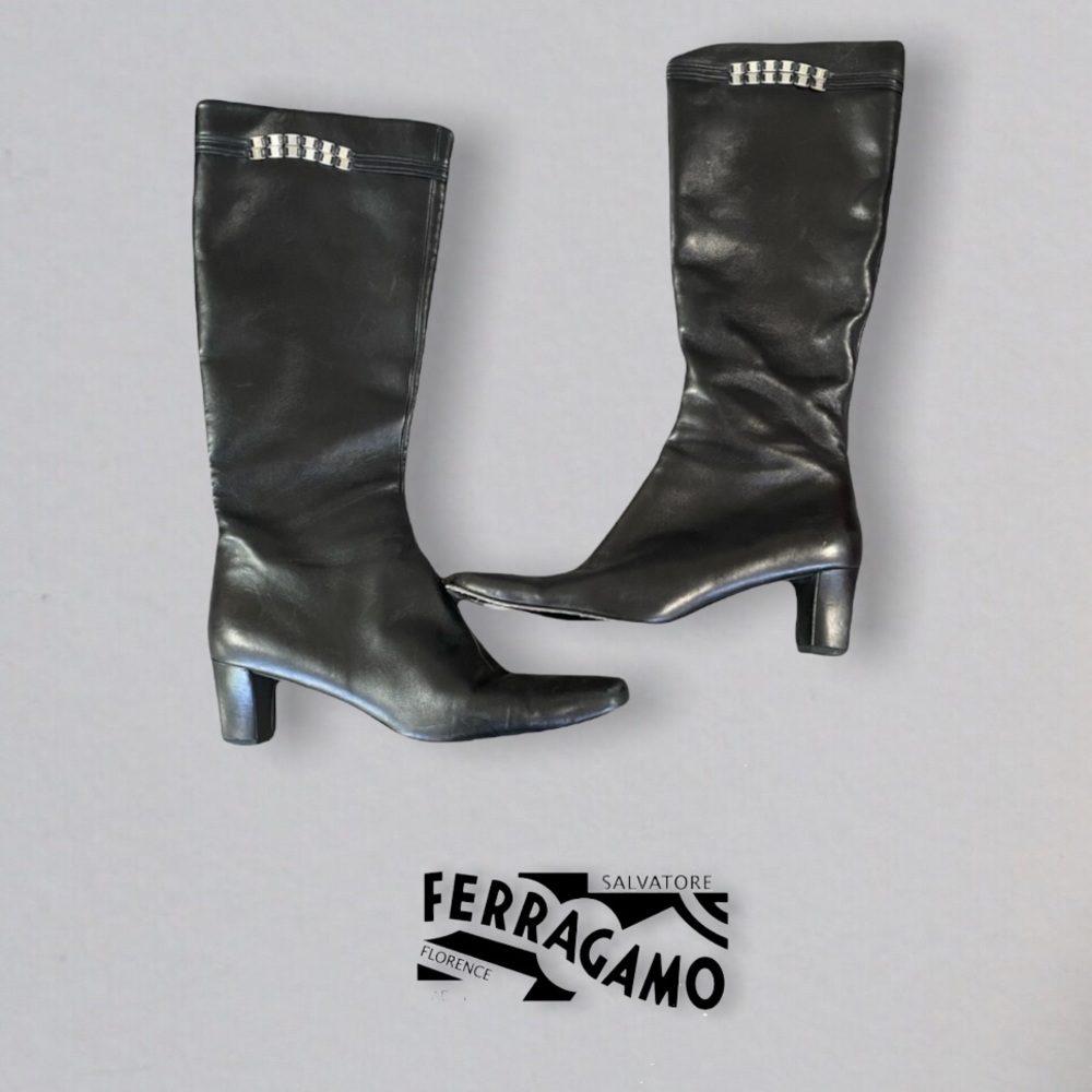 Ferragamo Vintage Black Leather Boots w/ Metal Chain Link Detail- EUC